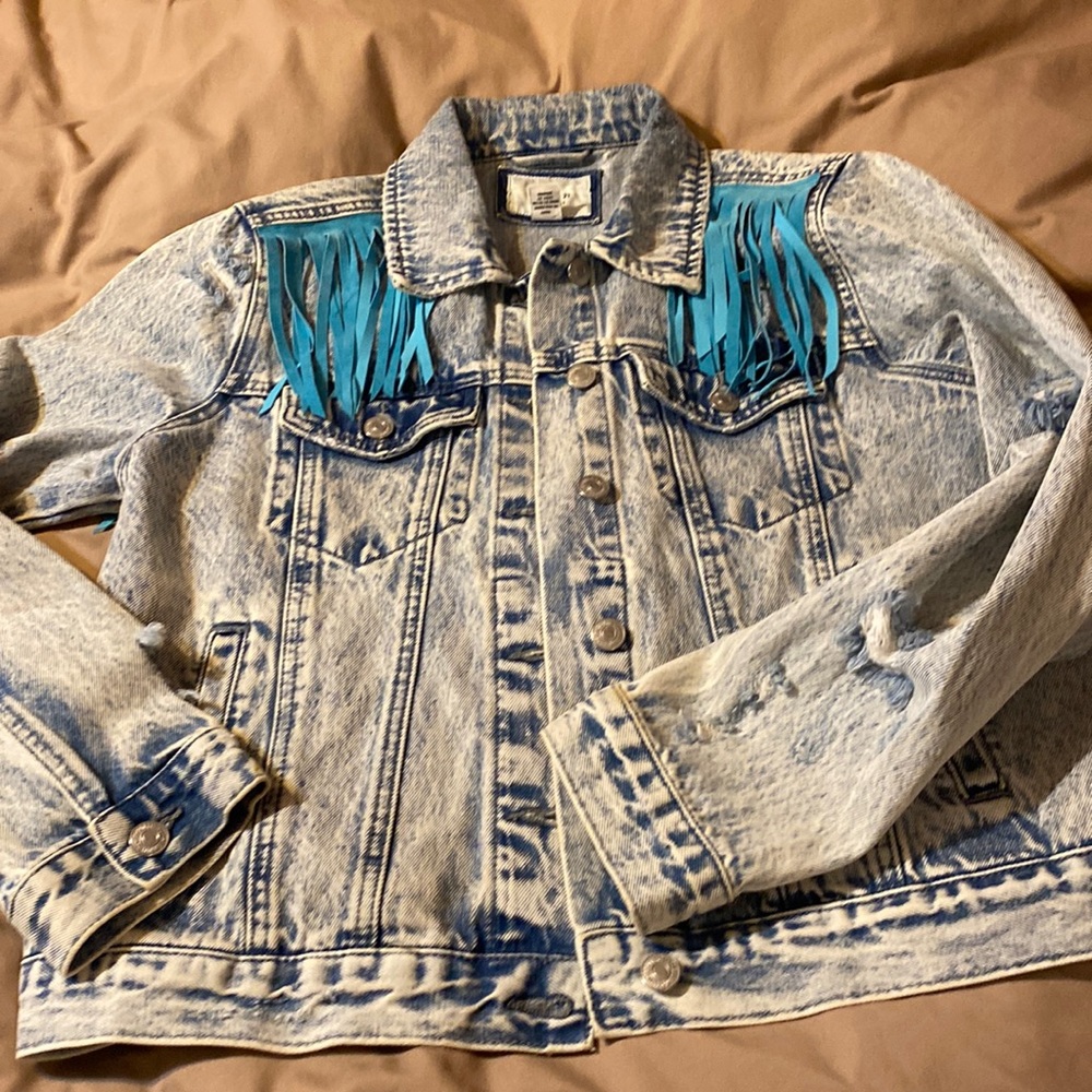 Acid wash turquoise fringe jean jacket